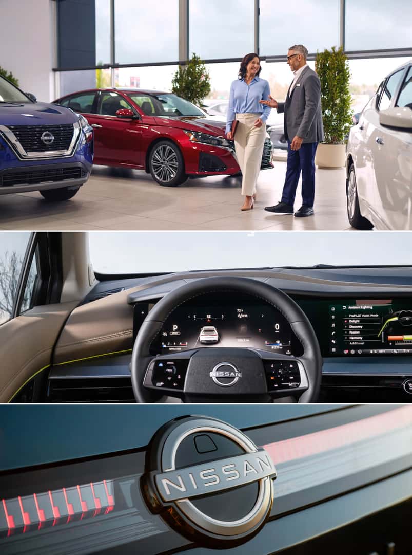 Customer talking with a sales representative inside a Nissan dealership, and a close-up of the interior dashboard and steering wheel featuring the Nissan logo