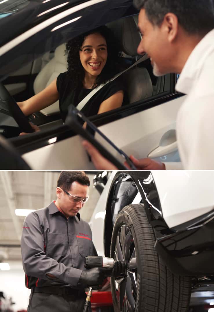 Woman speaking with a service associate while sitting in her car, and a Nissan mechanic replacing the tires of a vehicle
