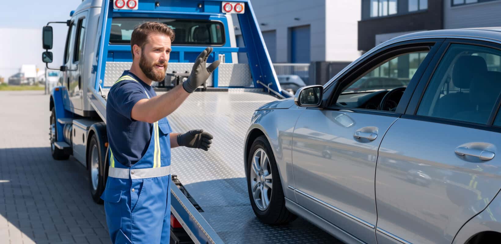 Tow truck driver guiding a silver sedan onto a flatbed tow truck outside a industrial complex.