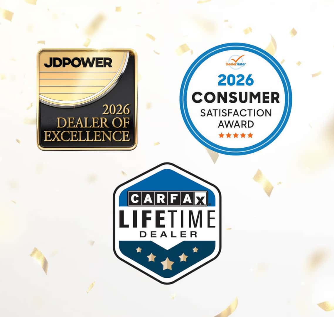 2026 J.D. Power Dealer of Excellence, DealerRater Consumer Satisfaction and CARFAX Lifetime Dealer awards with gold confetti background.