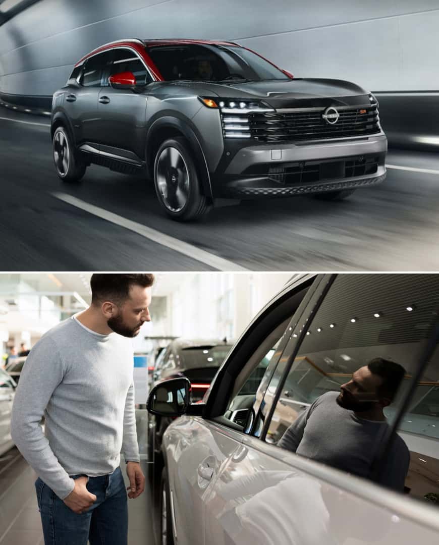 Gray Nissan SUV driving through a tunnel above a man inspecting a vehicle inside a dealership showroom.