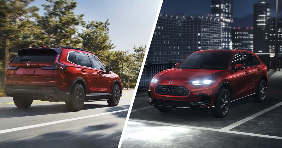 A red Honda CR-V SUV and a red Honda HR-V SUV