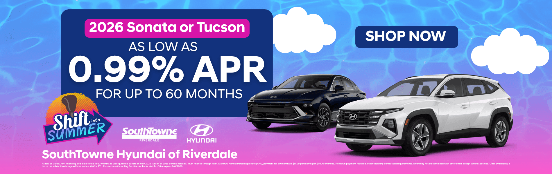 0.99% APR available on 2026 Tucson or Sonata