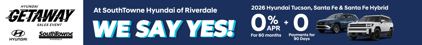Get 0% APR for 60 months on 2026 Tucson and Santa Fe SUVs at SouthTowne Hyundai in Riverdale, GA.