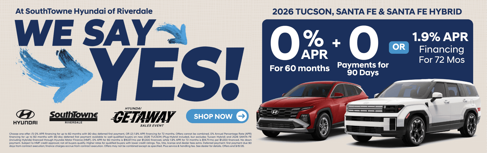 Get 0% APR for 60 months on 2026 Tucson and Santa Fe SUVs at SouthTowne Hyundai in Riverdale, GA.