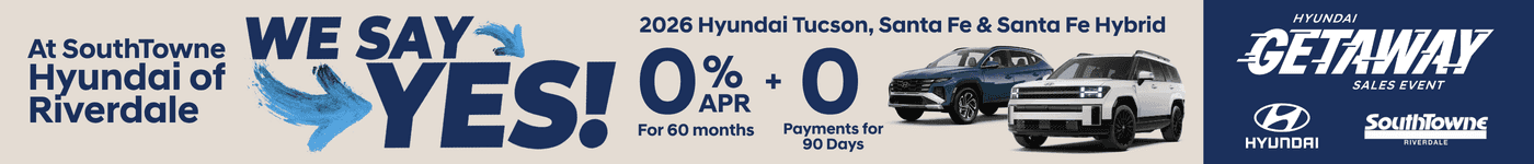 Get 0% APR for 60 months on 2026 Tucson and Santa Fe SUVs at SouthTowne Hyundai in Riverdale, GA.