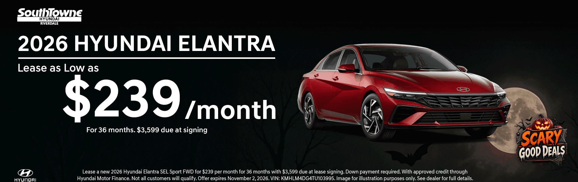 2026 Hyundai Elantra at Southtowne Hyundai of Riverdale: lease as low as $239/month for 36 months with $3,599 due at signing