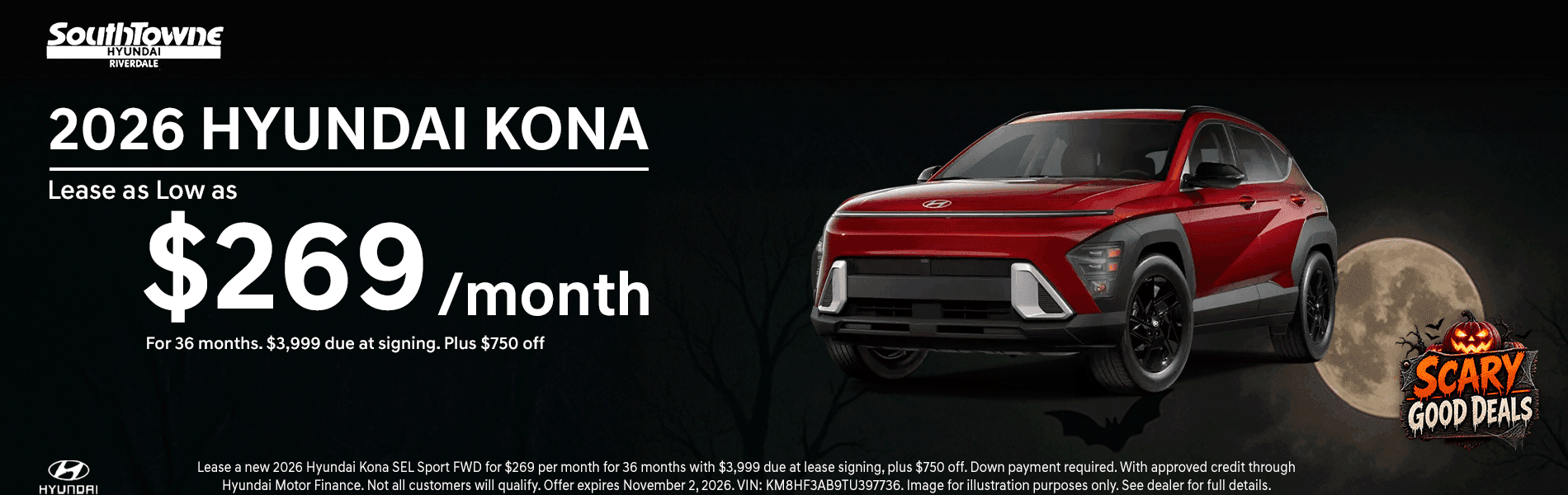 2026 Hyundai Kona at Southtowne Hyundai of Riverdale: lease as low as $269/month for 36 months with $3,999 due at signing plus $750 off