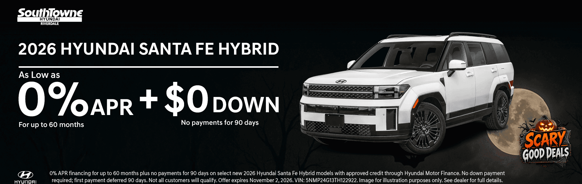 2026 Hyundai Santa Fe Hybrid at Southtowne Hyundai of Riverdale: 0% APR for up to 60 months with $0 down and no payments for 90 days
