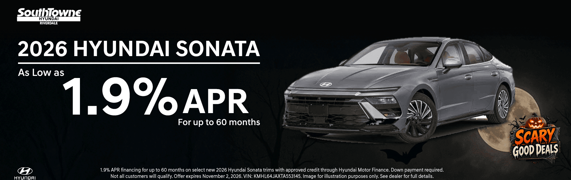 2026 Hyundai Sonata at Southtowne Hyundai of Riverdale: finance as low as 1.9% APR for up to 60 months
