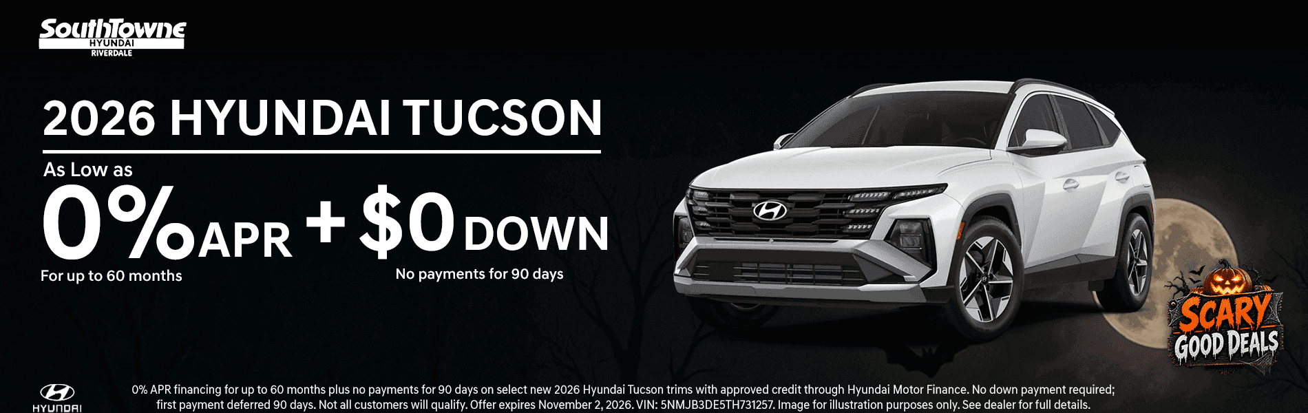 2026 Hyundai Tucson at Southtowne Hyundai of Riverdale: 0% APR for up to 60 months with $0 down and no payments for 90 days