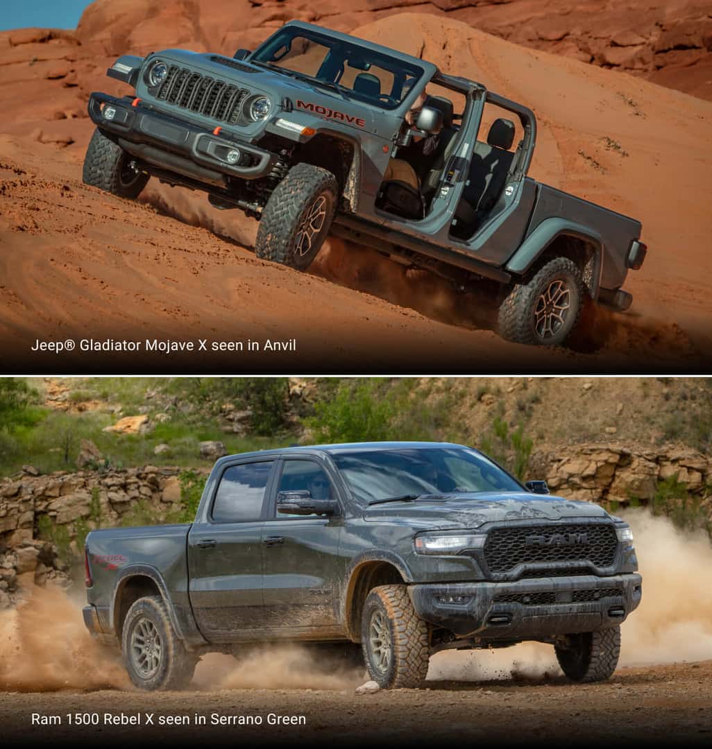 Top: 2026 Jeep Gladiator Mojave X in Anvil climbing red sand dunes. Bottom: 2026 Ram 1500 Rebel X in Serrano Green off-road.