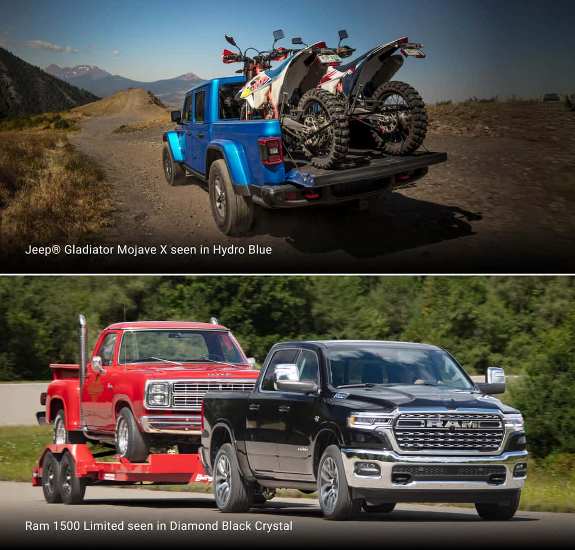Top: 2026 Jeep Gladiator Mojave X in Hydro Blue hauling two dirt bikes. Bottom: 2026 Ram 1500 Limited towing a classic truck.