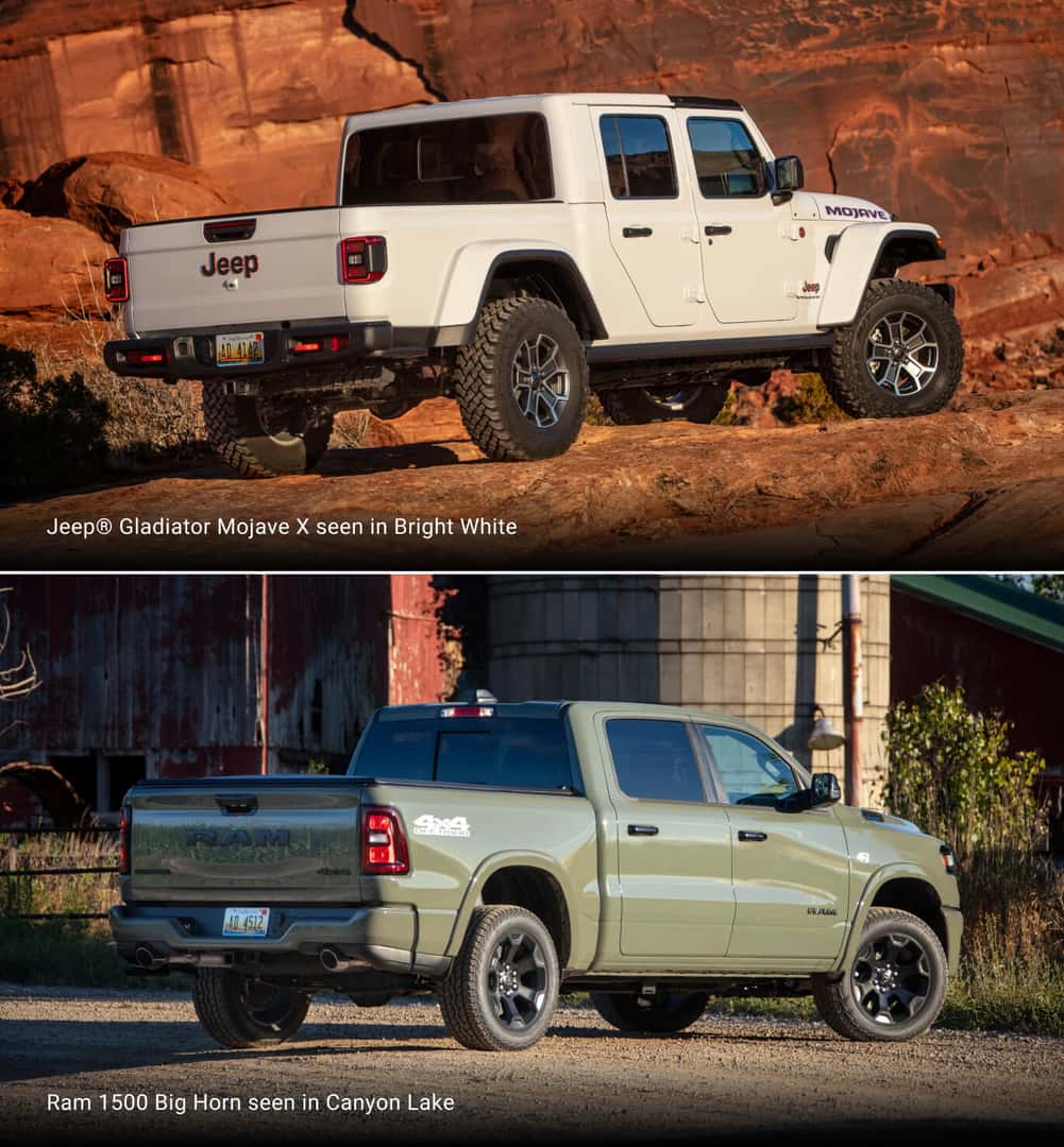 Top: 2026 Jeep Gladiator Mojave X in Bright White on red rocks. Bottom: 2026 Ram 1500 Big Horn in Canyon Lake by a barn.