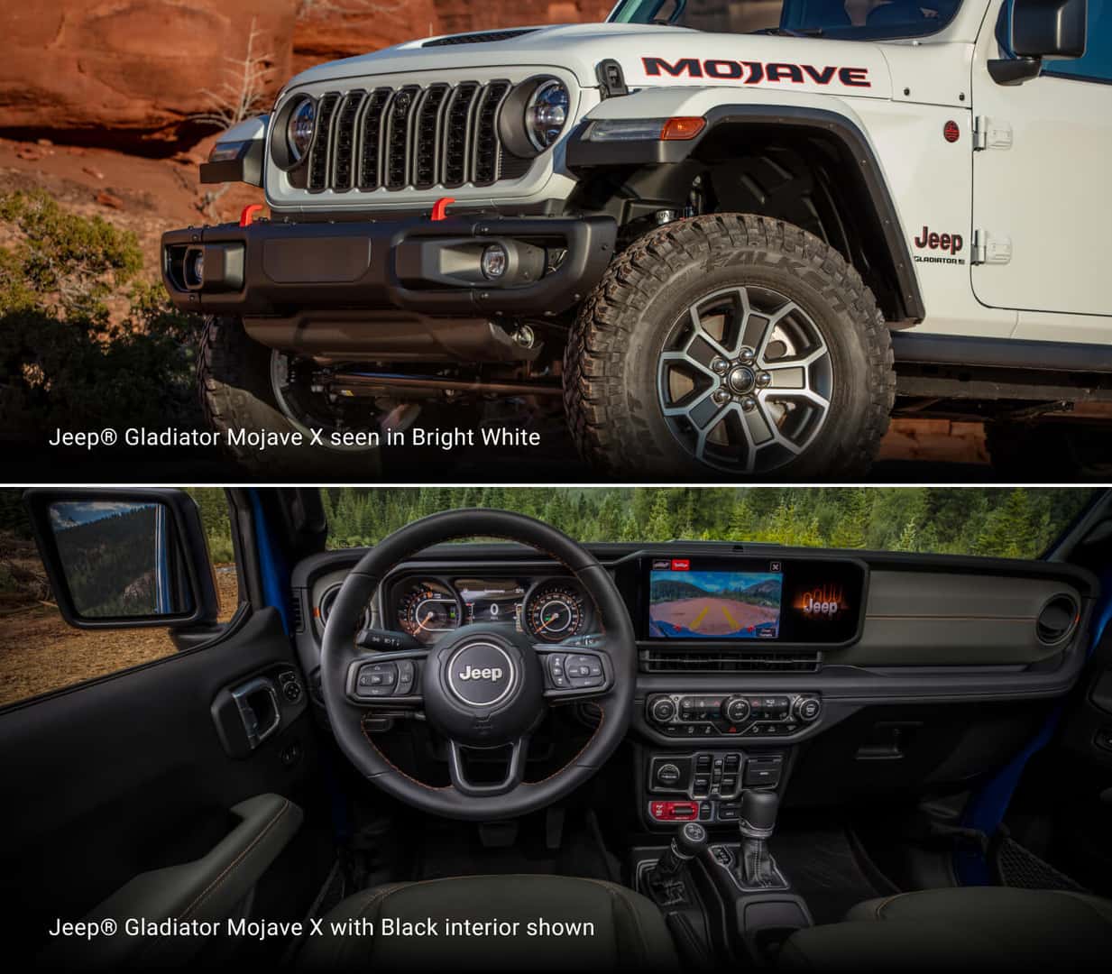 Top: 2026 Jeep Gladiator Mojave X in Bright White front close-up. Bottom: Black interior with dashboard and infotainment.