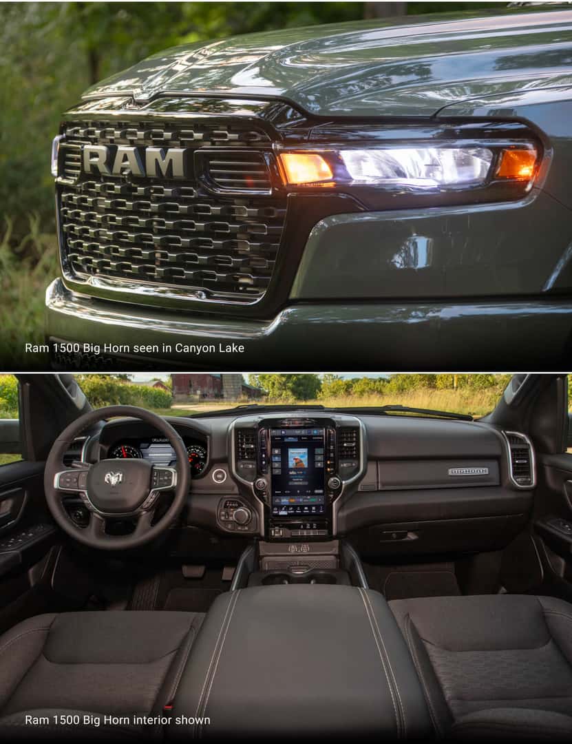 Top: 2026 Ram 1500 Big Horn in Canyon Lake grille close-up. Bottom: black interior with portrait touchscreen and dashboard.