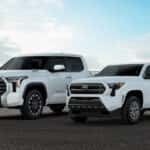 A white 2026 Toyota Tacoma alongside a white 2026 Toyota Tundra.