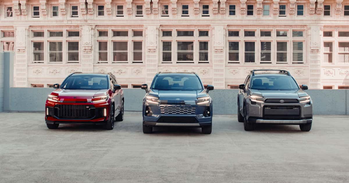 Three of all-new redesigned 2026 Toyota RAV4 parked beside each other in different exterior colors.