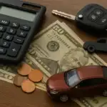 A calculator, car key with a car-shaped keychain, toy car, and U.S. currency including coins and bills arranged on a wooden surface. The image visually represents budgeting or financial planning for car expenses or auto loans.