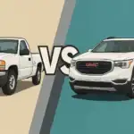 Side-by-side comparison illustration of a white GMC pickup truck on the left labeled as pre-owned versus a white GMC SUV on the right with a checkmark indicating certified pre-owned.