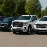 Lineup of 2025 GMC vehicles parked side by side, including SUVs in red, blue, and white, and a white pickup truck, showcasing the brand’s range of models.