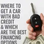 Hand holding a car key fob and cash beside large printed text that reads “Where to get a car with bad credit & which are the best financing options.”