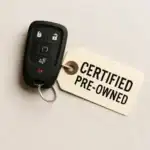 Car key fob placed on a neutral surface with a cream-colored tag labeled “Certified Pre-Owned,” symbolizing CPO vehicle programs.