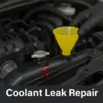 Close-up of a car engine showing coolant leak repair with red coolant dripping and a mechanic’s gloved hand holding a yellow funnel.