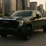 A heavy-duty GMC pickup truck drives through an urban downtown area during golden hour, with reflections from nearby buildings enhancing its rugged yet refined appearance. The city setting contrasts with the truck’s robust capability.