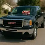 A used black GMC truck is parked in a residential neighborhood with a bold red "For Sale" sign displayed in the windshield. The image captures the practical appeal of buying a pre-owned GMC pickup in a suburban setting.