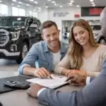 Couple reviewing car loan refinance paperwork with finance advisor at a GMC dealership showroom