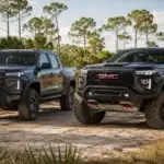 Off-road adventure GMC trucks in nature