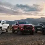 Rugged trucks at mountain overlook