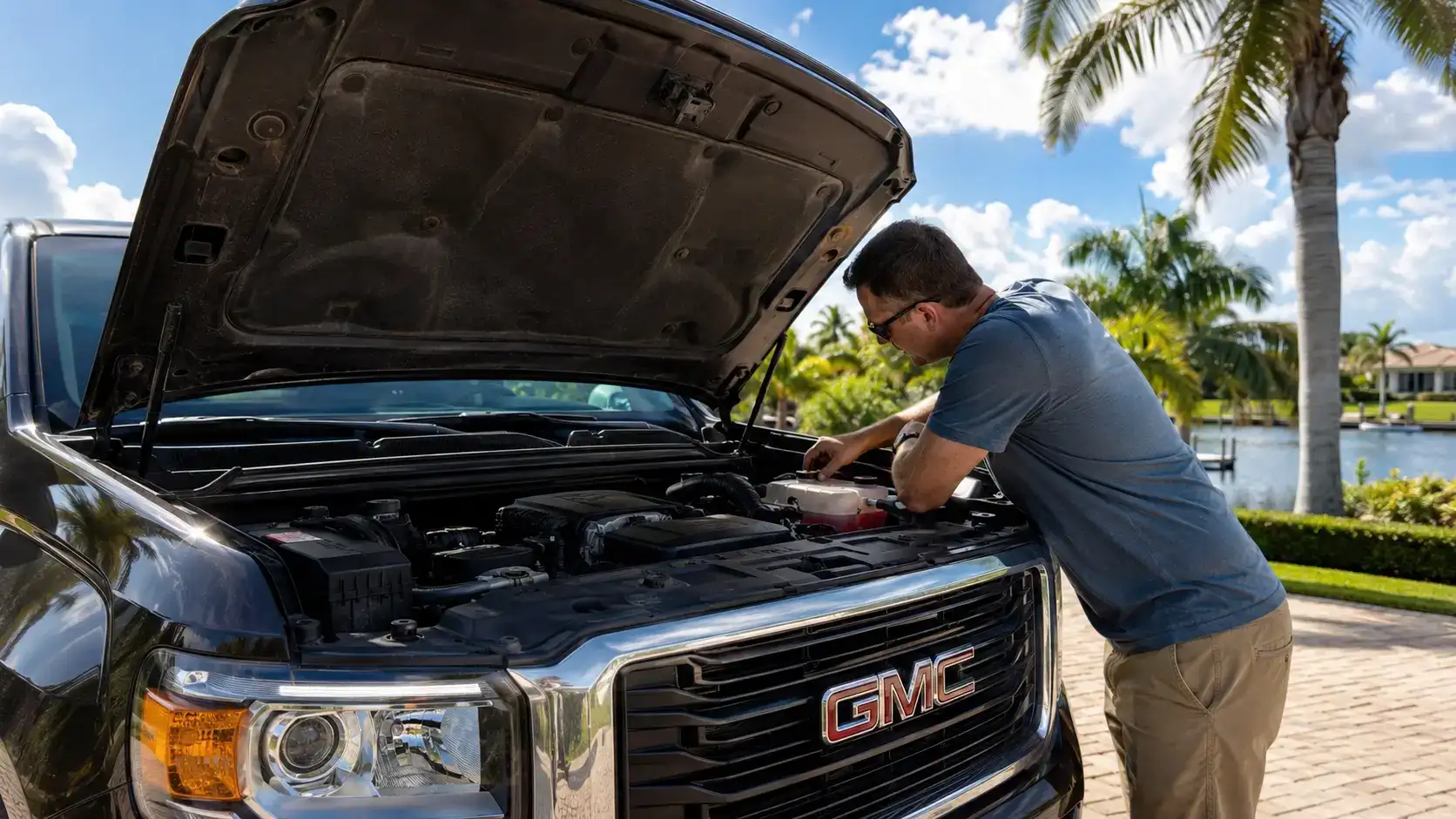 Man working on truck in sunny driveway