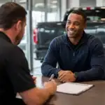 Friendly car dealership interaction at desk