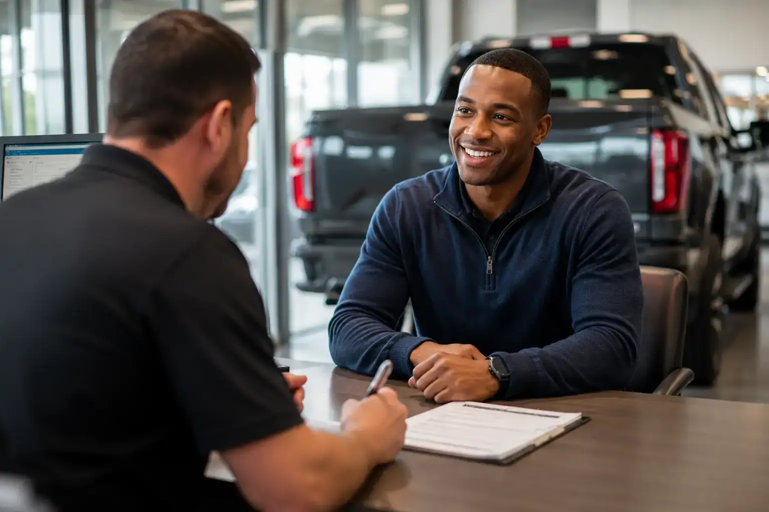 Friendly car dealership interaction at desk