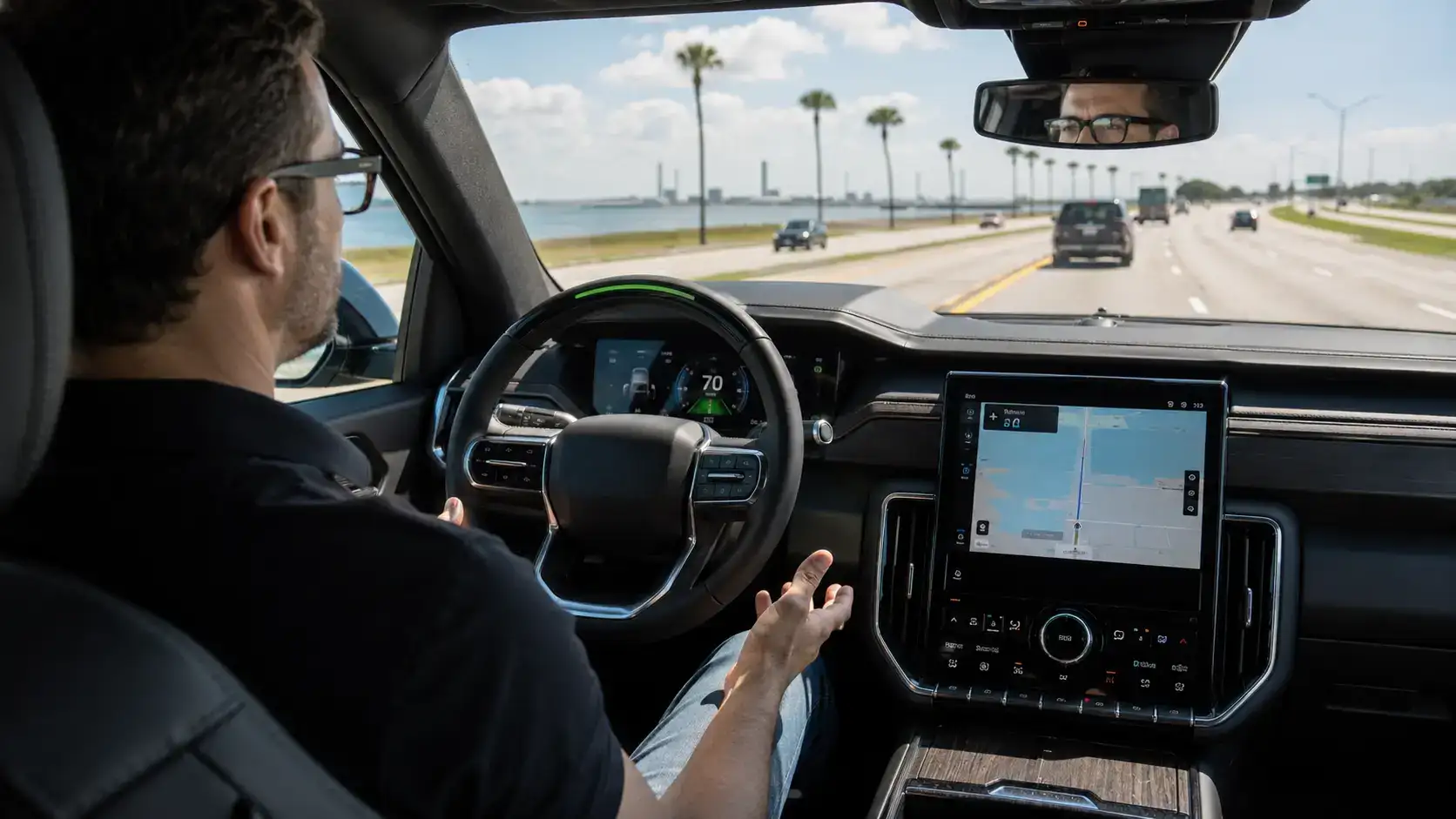Modern vehicle interior on a coastal drive