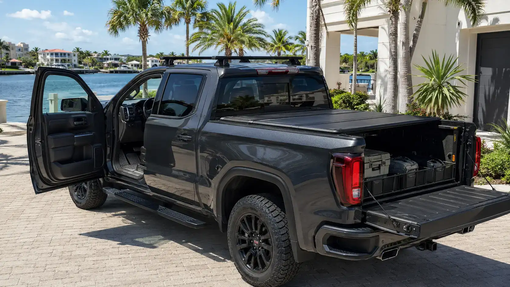 Palm-lined driveway with modern truck