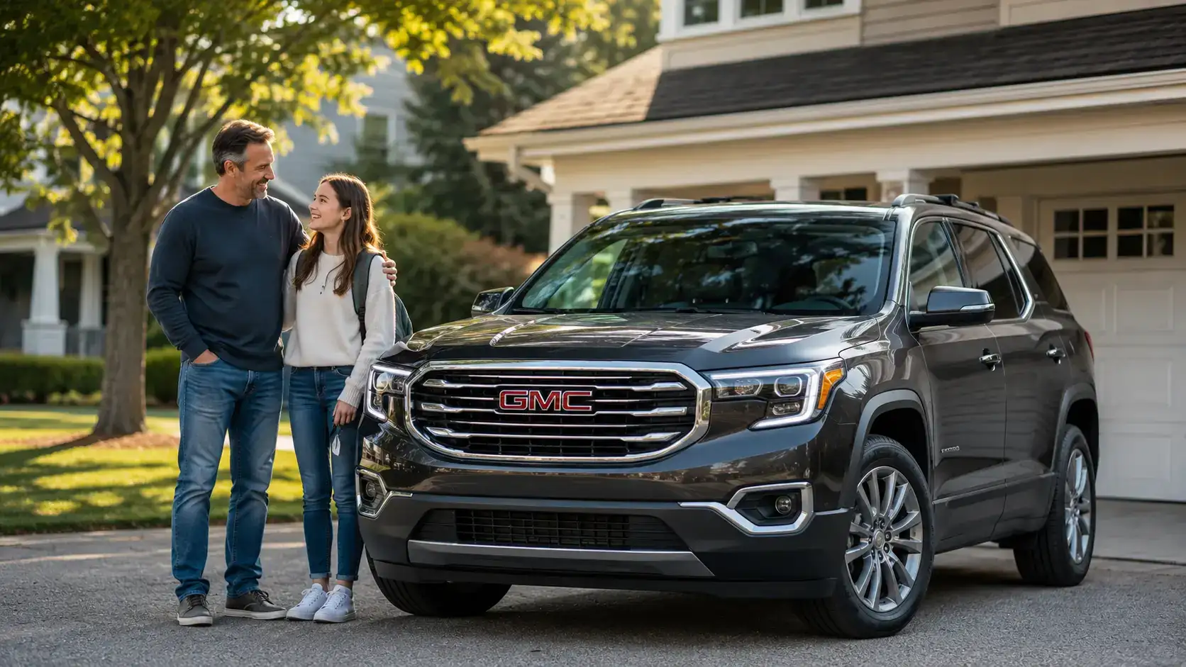 Family Moment Beside a GMC SUV