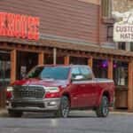 Ram 1500 Front Side View Parked Outside of a Business