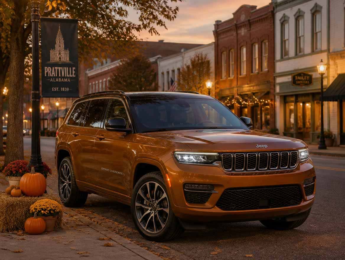 2026 Jeep Grand Cherokee L parked on a decorated fall street in historic downtown Prattville, Alabama, during the Parade of Pumpkins
