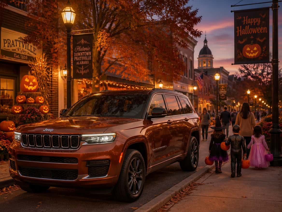 Jeep Grand Cherokee L parked on a festive Halloween-decorated downtown Prattville street at dusk with glowing pumpkins and families in costume