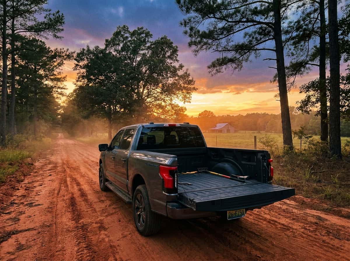 2026 Ford F-150 parked on an Alabama red-clay road at dusk