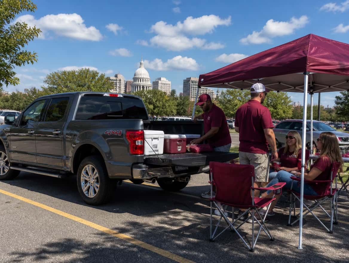 2026 Ford F-150 SuperCrew tailgate down at a Montgomery Alabama football game-day parking lot, fans tailgating in September heat