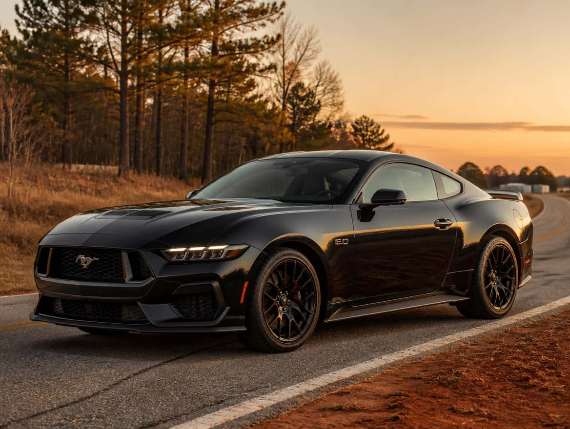 2026 Ford Mustang fastback on a central Alabama road at dusk, Shadow Black exterior