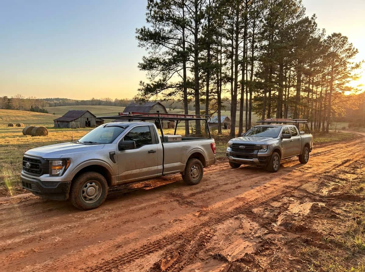 2026 Ford F-150 and 2026 Ford Ranger side by side on a central Alabama red-clay road