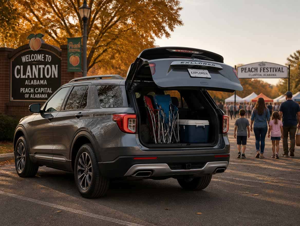 2026 Ford Explorer with liftgate open at a fall festival in Montgomery, Alabama