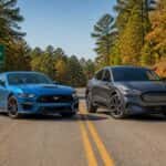 2026 Ford Mustang GT and 2026 Ford Mustang Mach-E side by side on an Alabama road