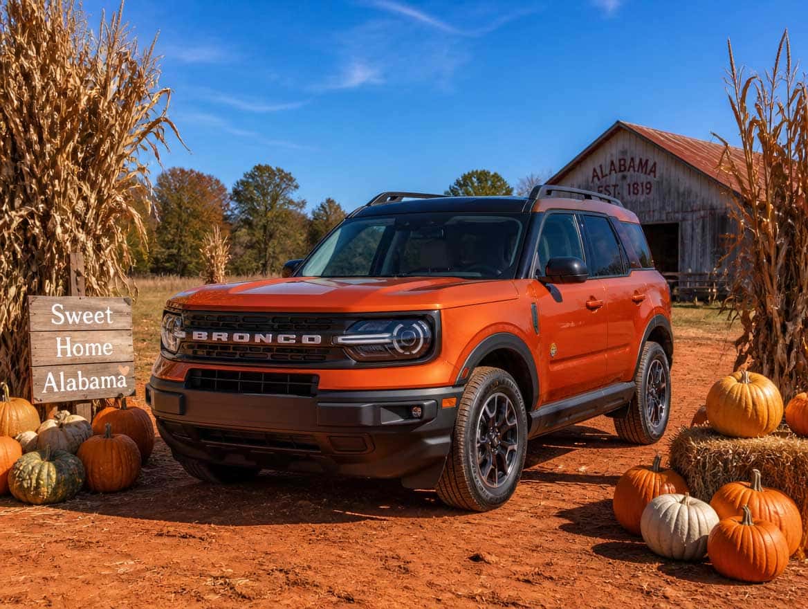 2026 Ford Bronco Sport at a fall pumpkin patch in rural central Alabama with orange pumpkins in the foreground