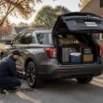 2026 Ford Explorer loaded for a holiday road trip with a technician checking tire pressure in a Montgomery, AL driveway